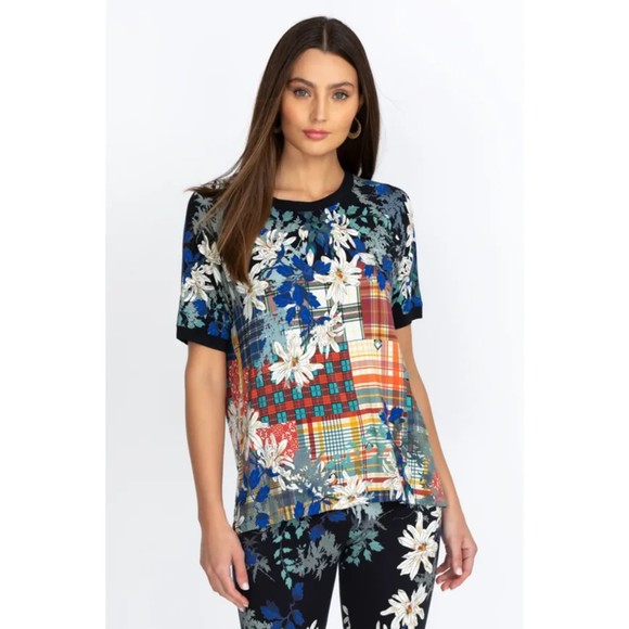 Johnny Was NWT Ona Raglan Short Sleeve Multi Print Pattern Bamboo Tee Large New